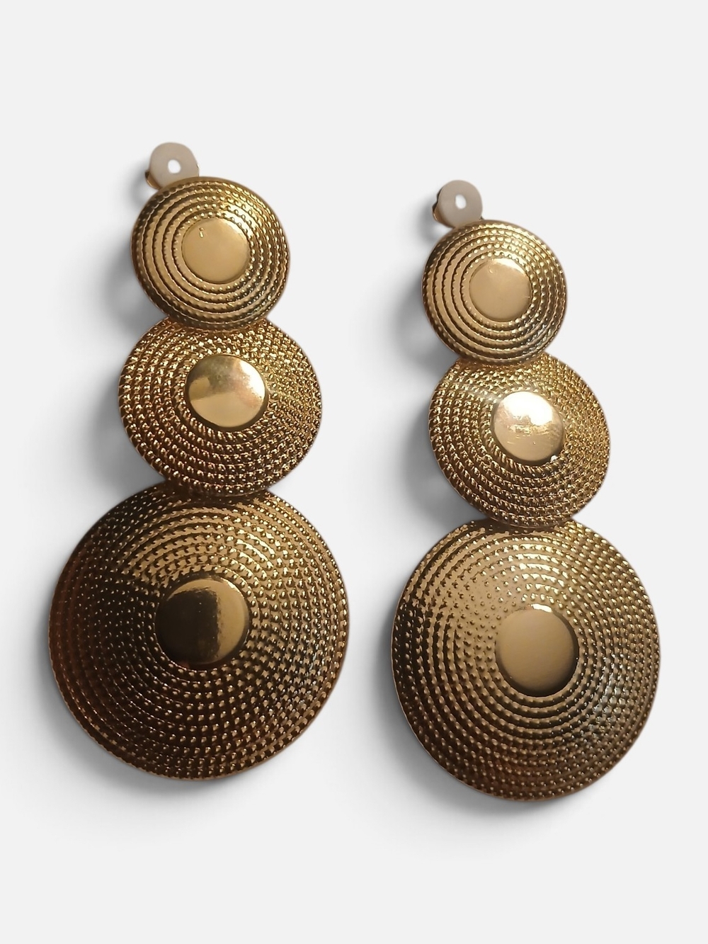 Clip On Gold Triple Disc Drop Earrings - Fashion Statement Jewelry